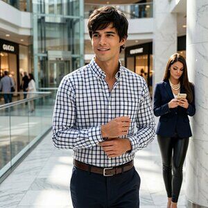 J.Crew Men L Shirt Navy White Cotton Check Button Down Essential Sophisticated